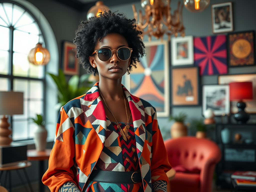 Une femme au look stylé porte des lunettes de soleil dans un intérieur moderne avec des œuvres d'art colorées.