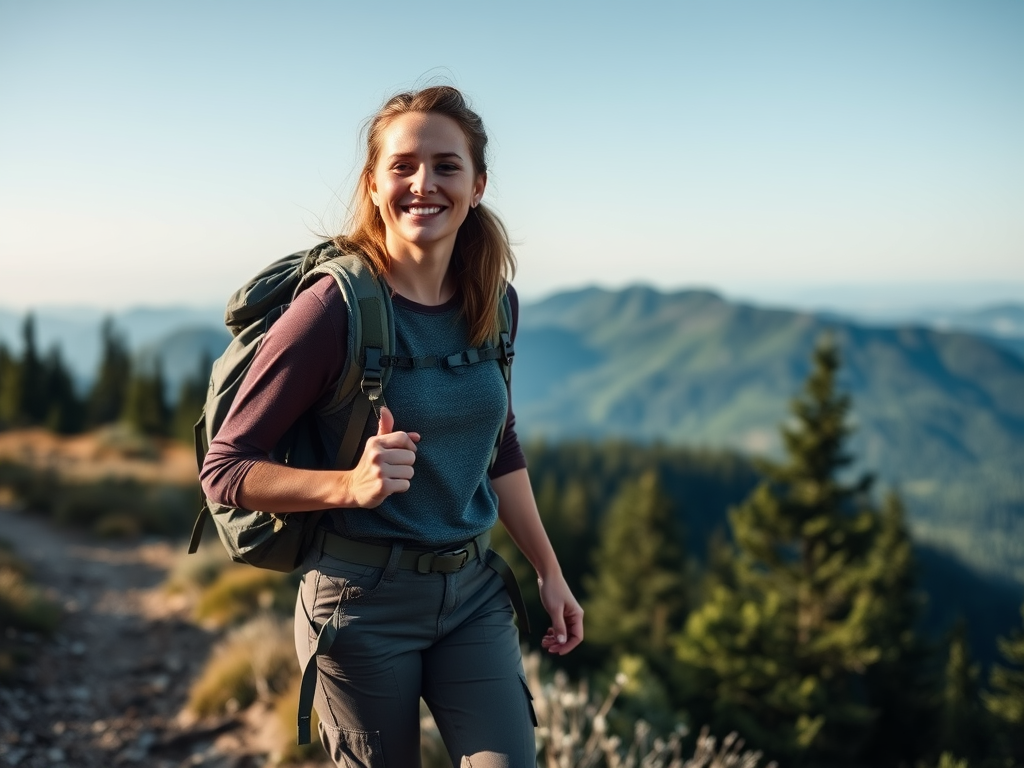 Une femme souriante porte un sac à dos et marche dans un paysage montagneux, entourée de forêts.