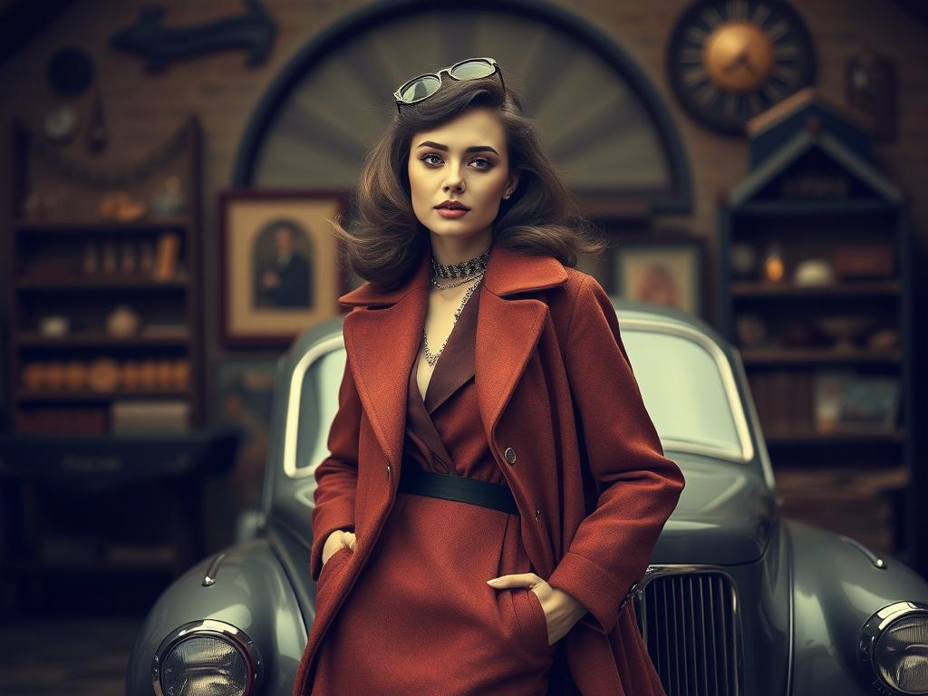 Une femme au look vintage pose devant une vieille voiture, portant un manteau rouge et des lunettes de soleil.