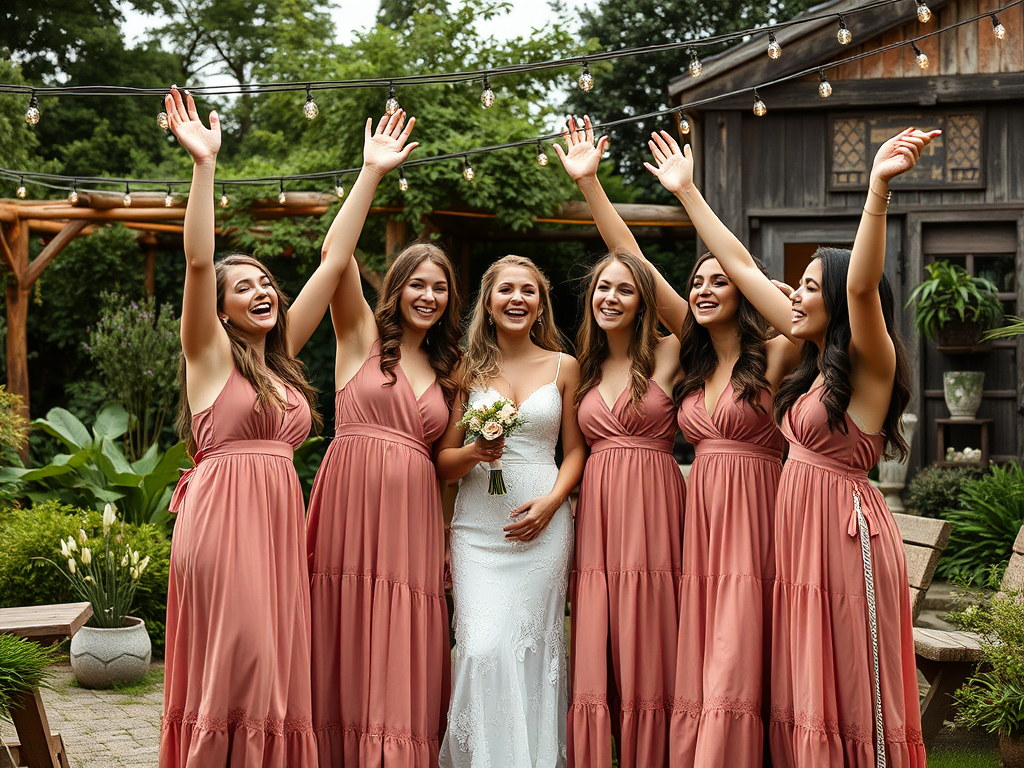 Une mariée heureuse entourée de ses demoiselles d'honneur, toutes en robes rose, célébrant joyeusement ensemble.