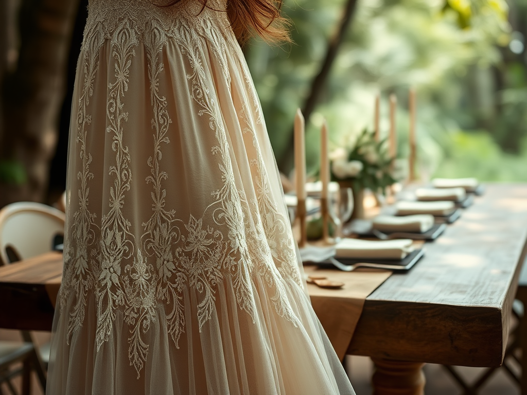 Une robe élégante ornée de broderies, devant une table joliment dressée à l'extérieur.