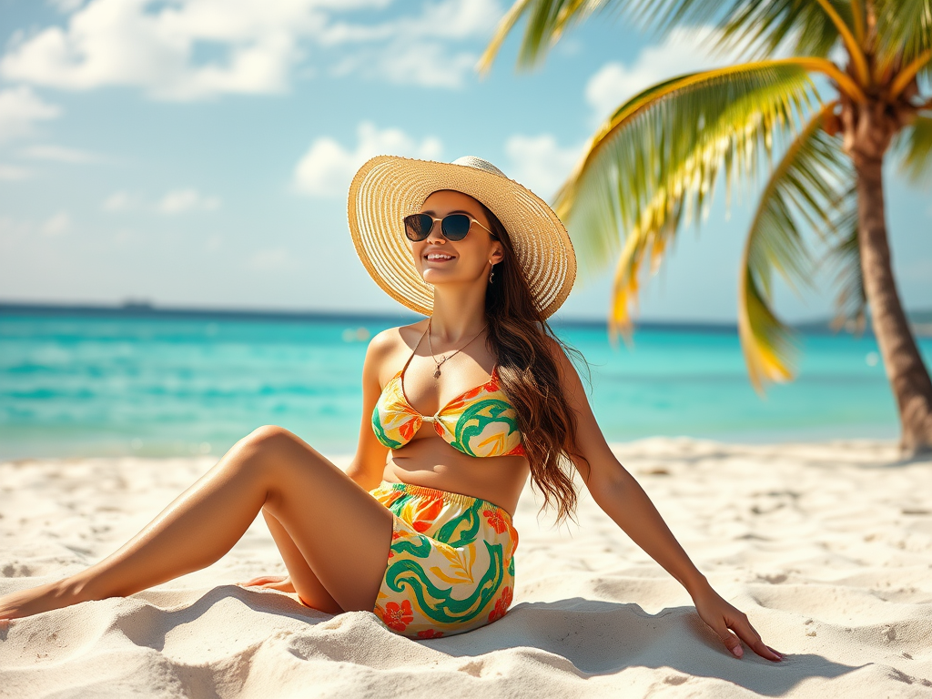 Une femme souriante en maillot de bain coloré, assise sur le sable, avec chapeau et lunettes de soleil, en bord de mer.