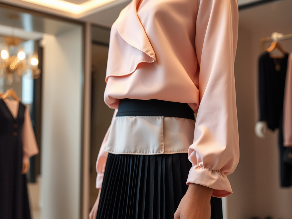 Une blouse rose élégante avec des manches longues, associée à une jupe plissée, dans une boutique de mode.