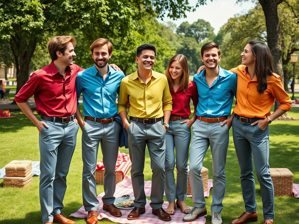 Six amis souriants dans un parc, portant des chemises colorées et des pantalons clairs, entourés de verdure.