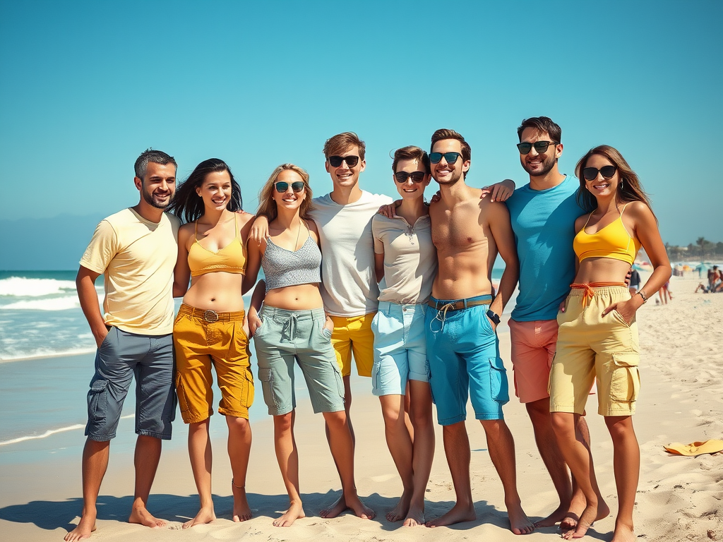 Un groupe de huit amis souriants sur la plage, vêtus de maillots colorés, près de l'eau. Ensoleillé et joyeux.