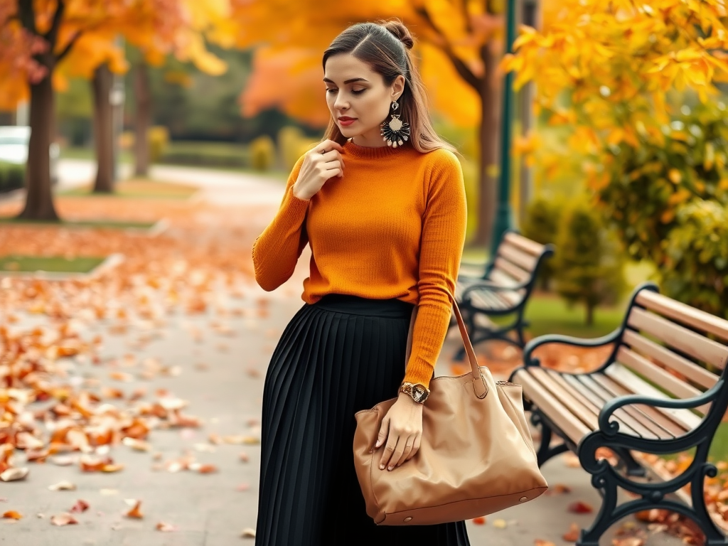 Femme en pull orange et jupe plissée noire, portant un sac beige, se tenant dans un parc avec des feuilles d'automne.