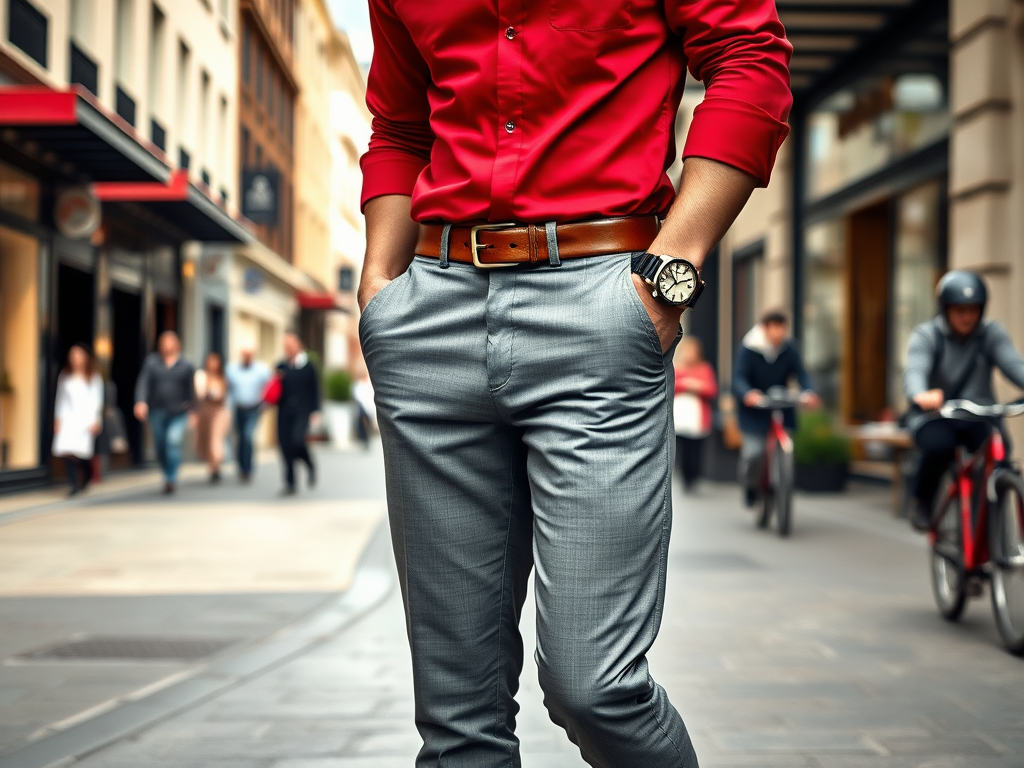 Un homme en chemise rouge et pantalon gris se tient dans une rue animée, les mains dans les poches.