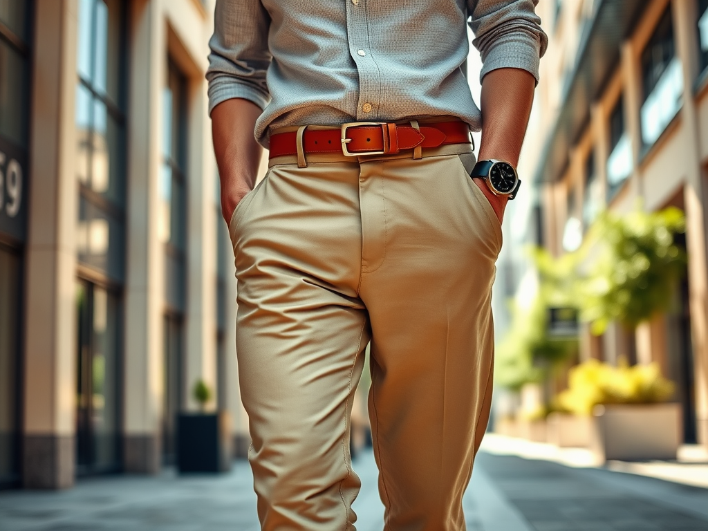 Homme en chemise et pantalon beige, mains dans les poches, en marchant dans une rue commerçante moderne.