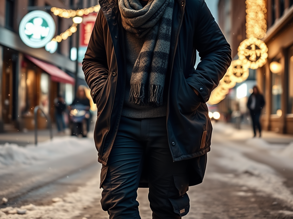 Une personne marche dans une rue enneigée, portant un manteau noir et une écharpe, entourée de lumières scintillantes.