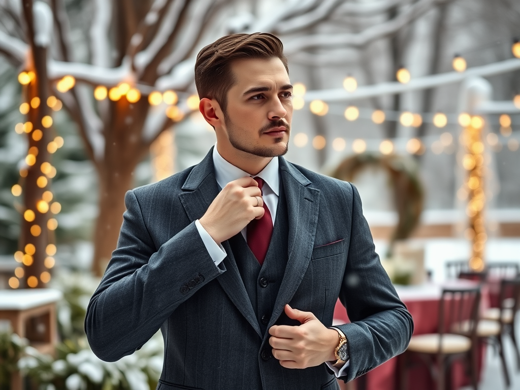 Un homme en costume ajusté ajuste sa cravate, se tenant avec confiance dans un cadre enneigé et lumineux.