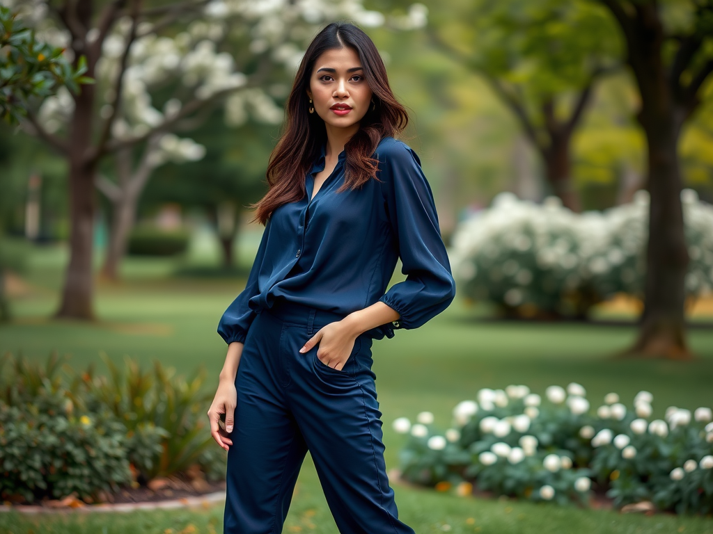Une femme en tenue bleue se tient dans un parc, entourée de fleurs et d'arbres. Elle affiche une pose confiante.
