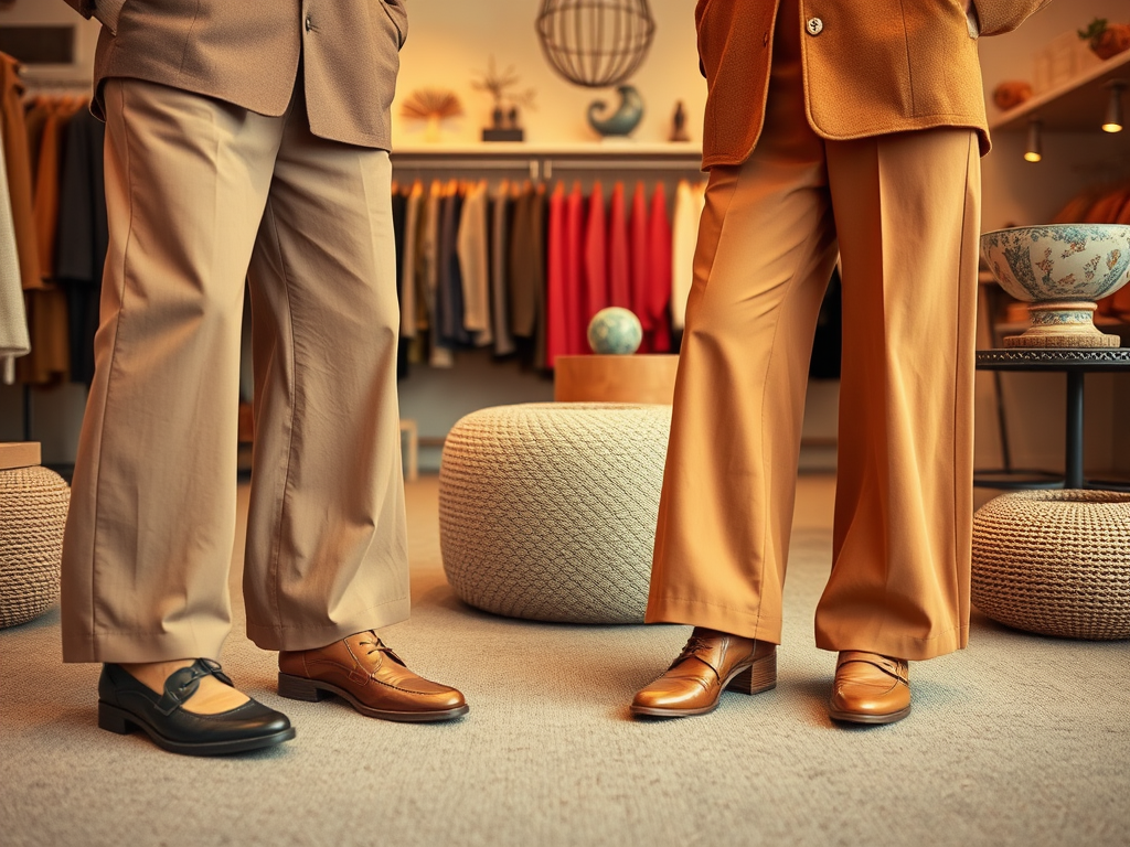 Deux personnes dans un magasin de mode, l'une portant des chaussures noires, l'autre des chaussures marron.