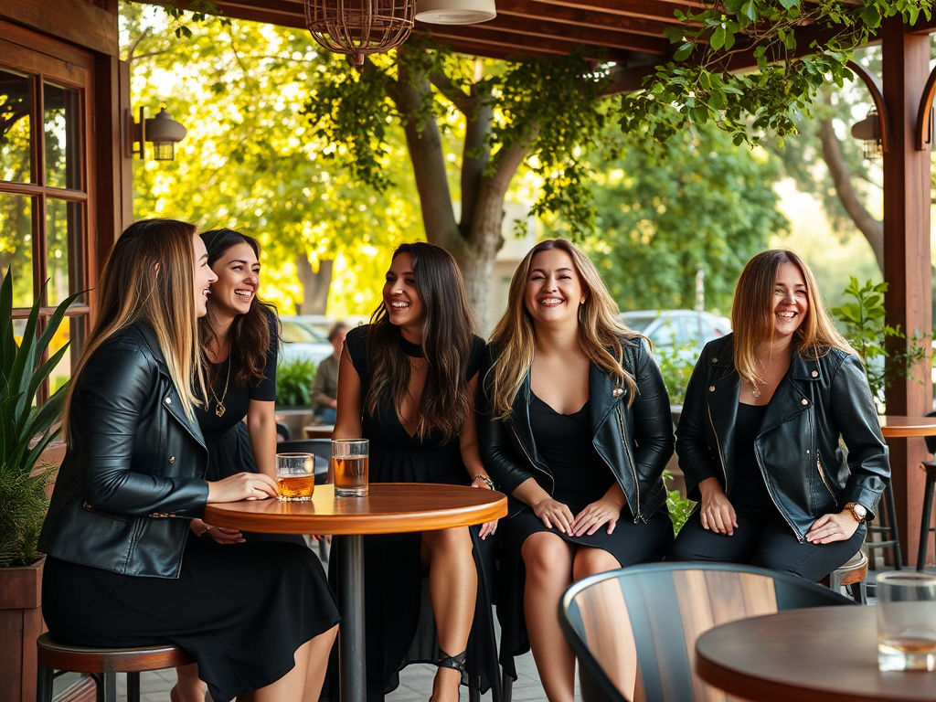 Cinq femmes rient ensemble autour d'une table en bois, portant des robes noires et des vestes en cuir.