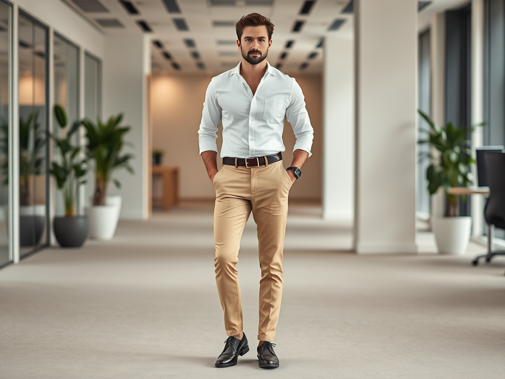 Un homme élégant en chemise blanche et pantalon beige se tient dans un bureau moderne, les mains dans les poches.