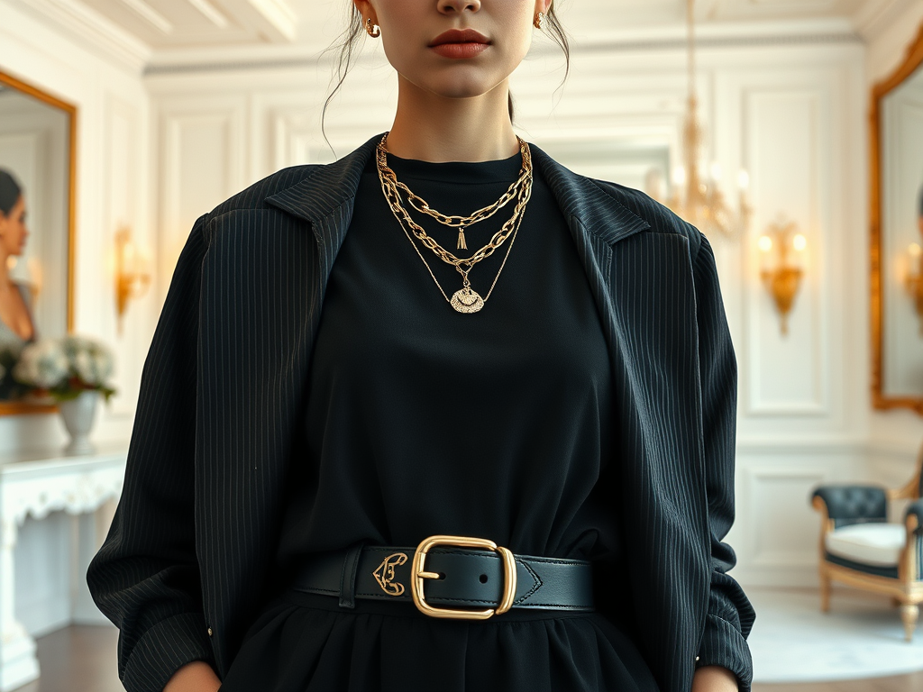 Une femme en tenue noire élégante avec des bijoux dorés, dans un décor intérieur raffiné.