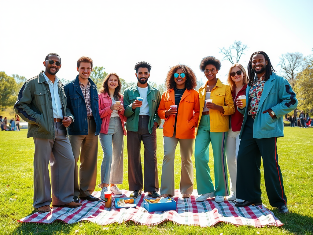 Un groupe d'amis souriants en tenues décontractées, posant ensemble sur une couverture dans un parc ensoleillé.